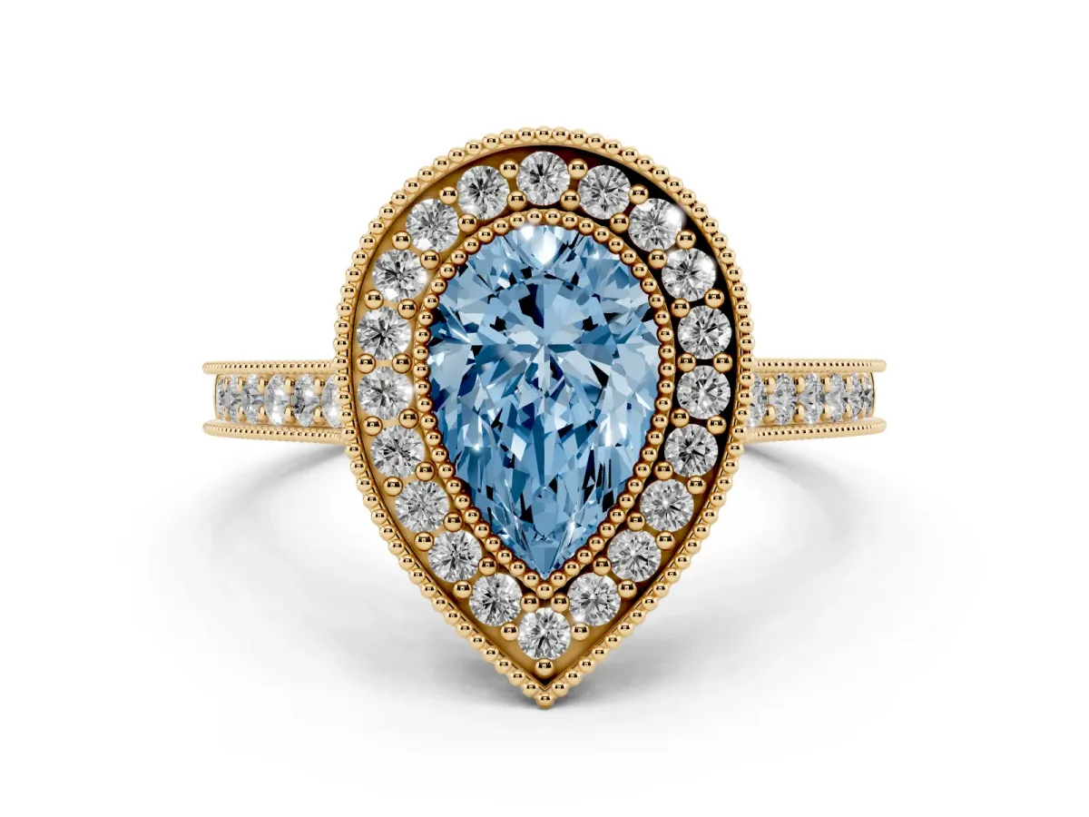 Fancy Blue Pear Cut Diamond Halo Milgrain Pavé Band Ring Set in Yellow gold with Prong Setting
