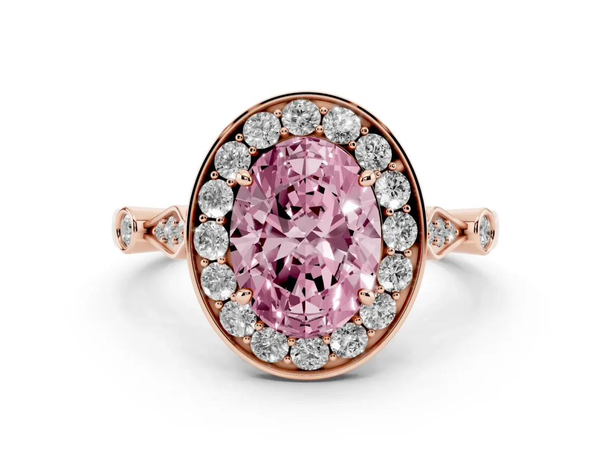 Fancy Pink Oval Cut Diamond Halo Engagement Ring Set in Rose gold with Twisted Band and Prong Setting