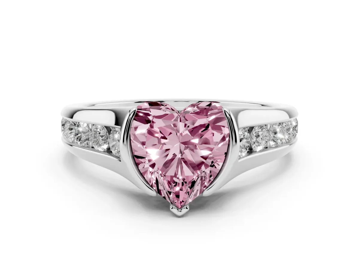 Fancy Pink Heart Cut Diamond Bezel-Set Solitaire Ring Set in Silver with Channel-Set Band