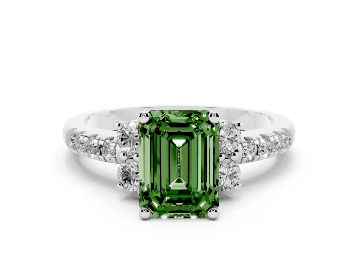 Fancy Green Emerald Cut Diamond Three-Stone Pavé Ring Set in Silver with Prong Setting