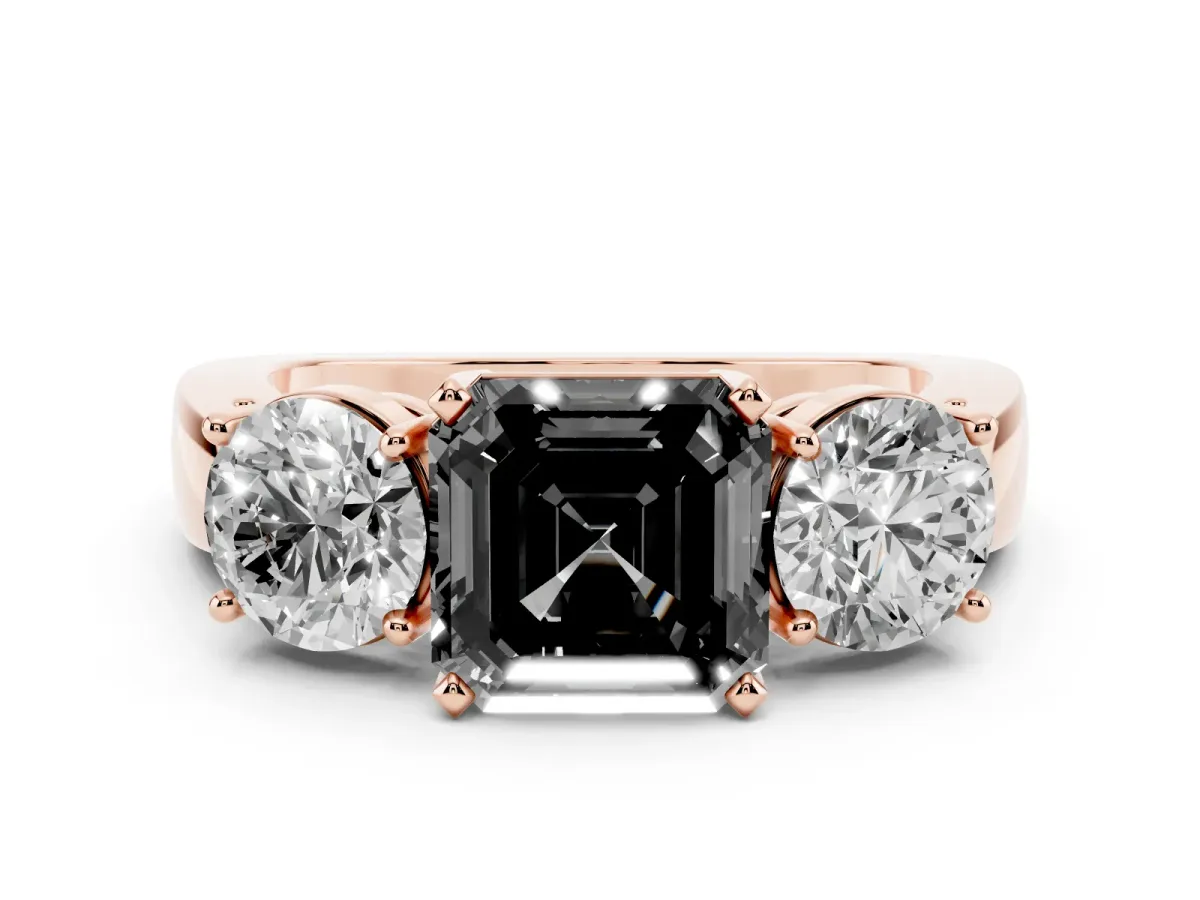 Fancy Black Asscher Cut Diamond Three-Stone Ring Set in Rose gold with Round Side Stones and Classic Band