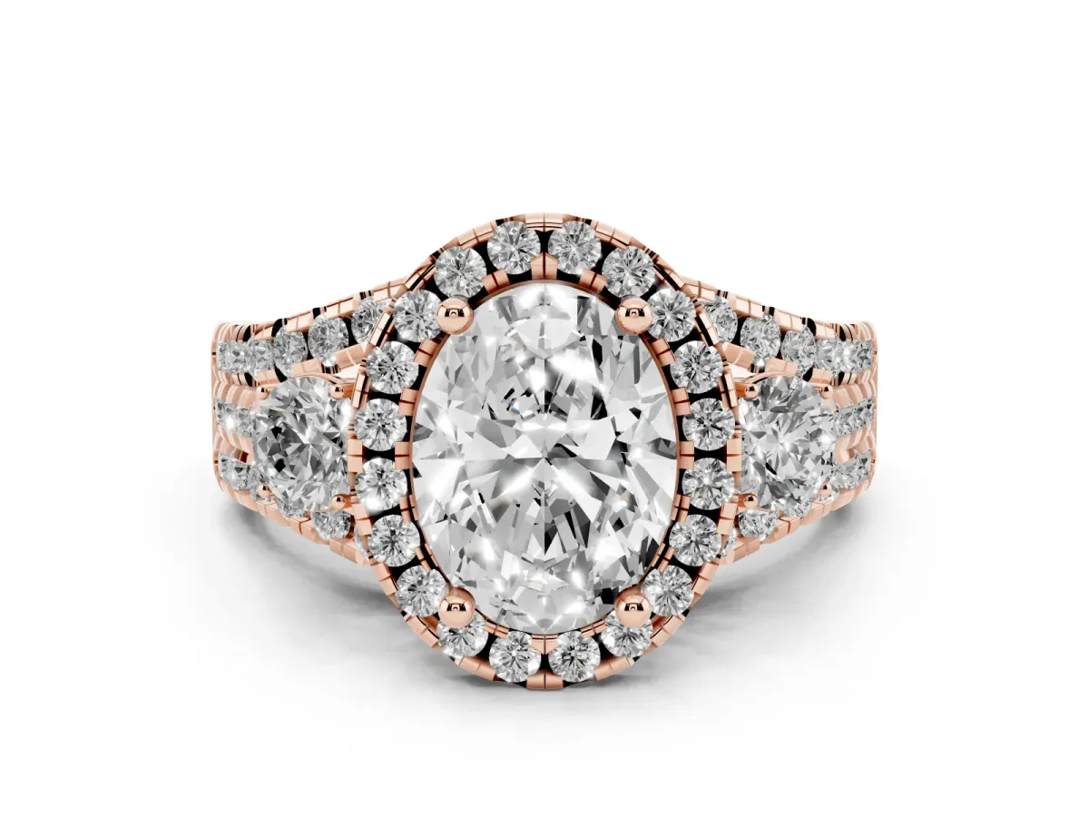Oval Cut Diamond Halo Split Shank Ring Set in Rose gold with Round Accent Stones and Prong Setting