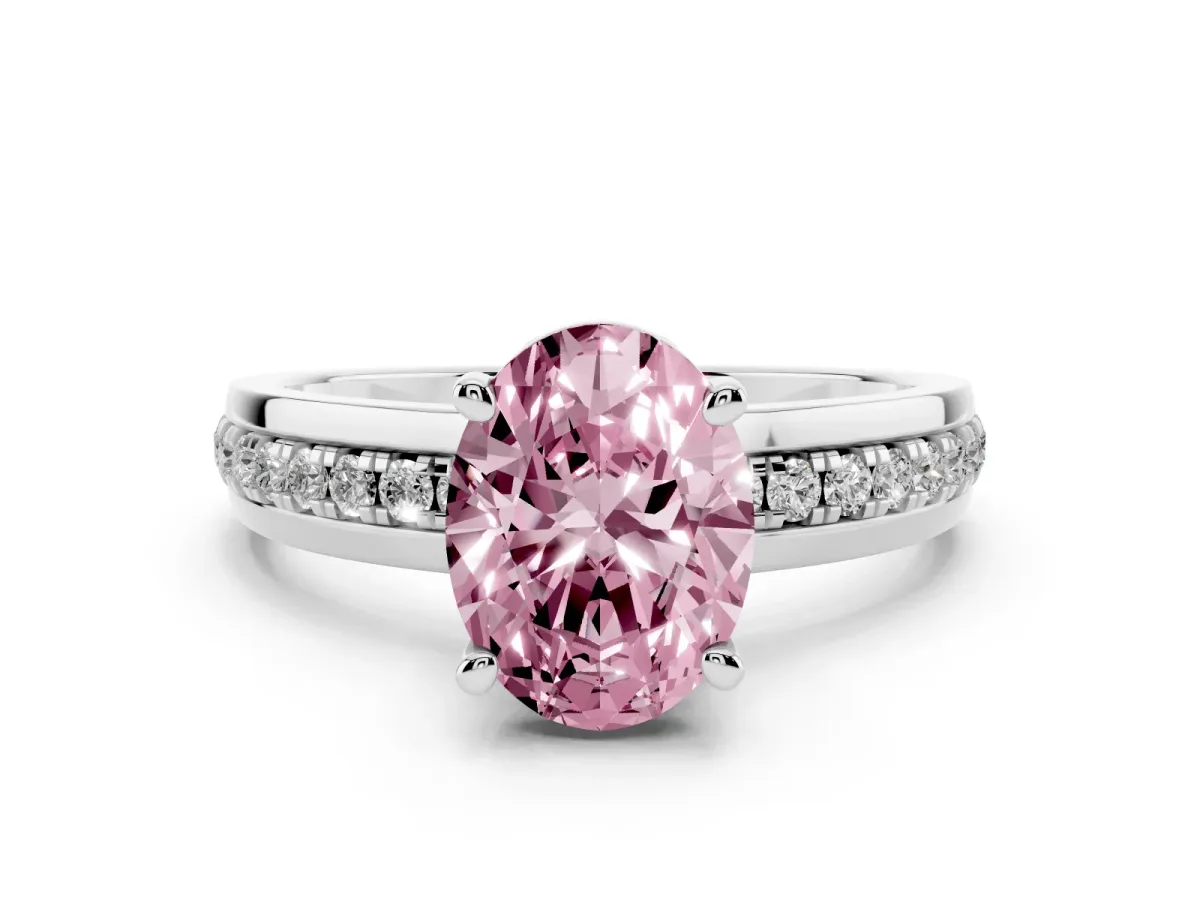 Fancy Pink Oval Cut Diamond Solitaire Ring Set in White gold with Channel Set Band and Prong Setting
