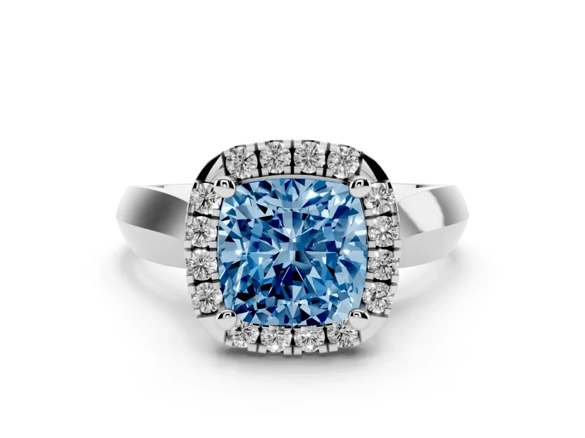 Fancy Blue Cushion Cut Diamond Halo Solitaire Engagement Ring Set in Silver with Square Band and Prong Setting