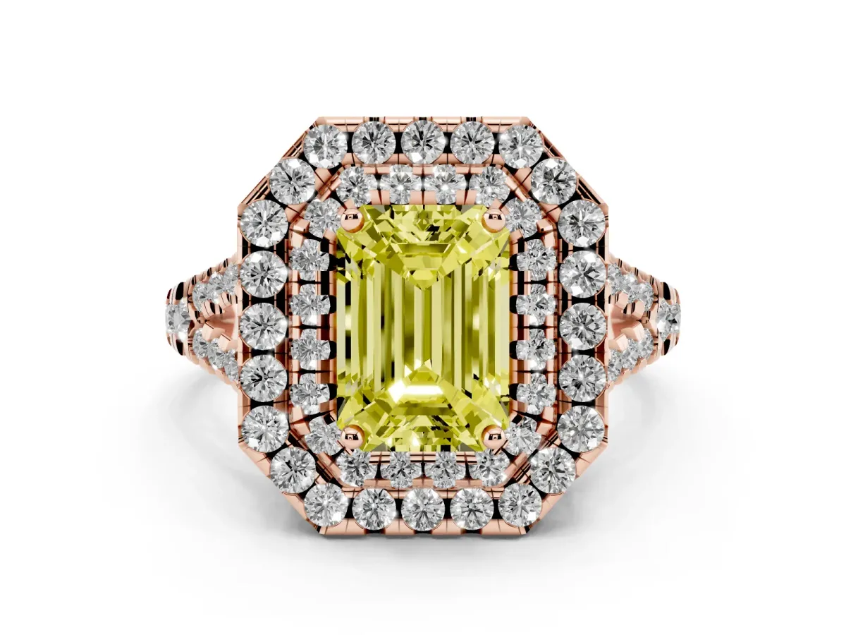Fancy Yellow Emerald Cut Diamond Double Halo Ring Set in Rose gold with Pavé Split Shank and Prong Setting