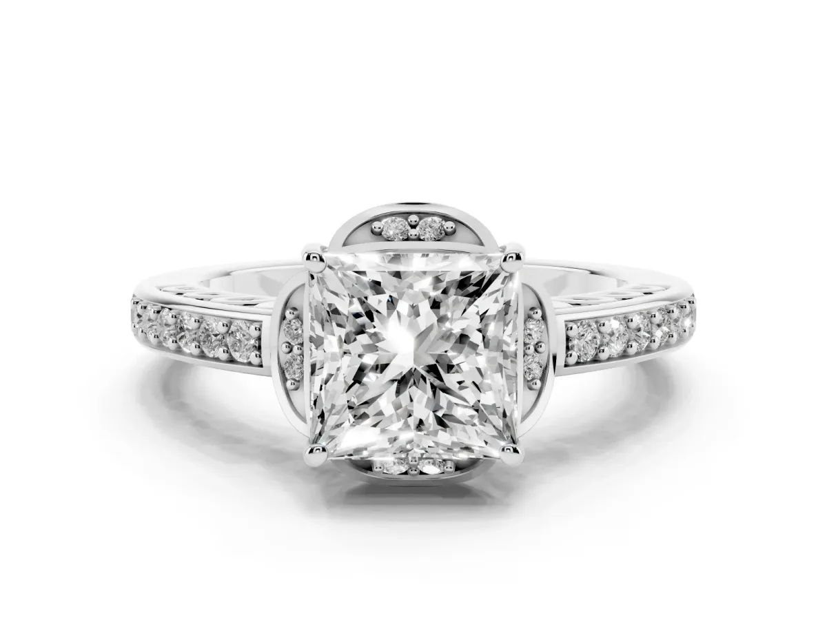 Princess Cut Diamond Halo Ring Set in Platinum with Channel Set Band and Prong Setting