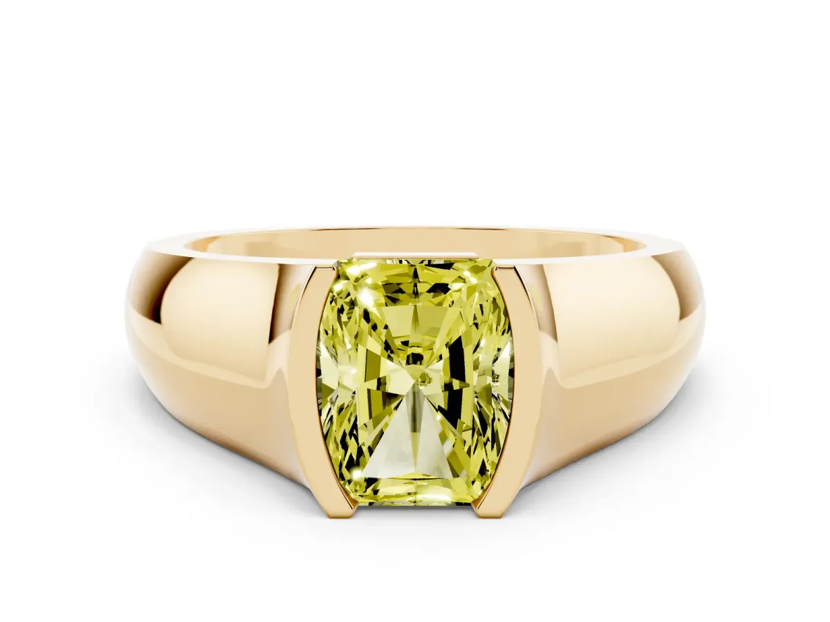 Fancy Yellow Radiant Cut Diamond Bezel Solitaire Ring Set in Yellow gold with Wide Band