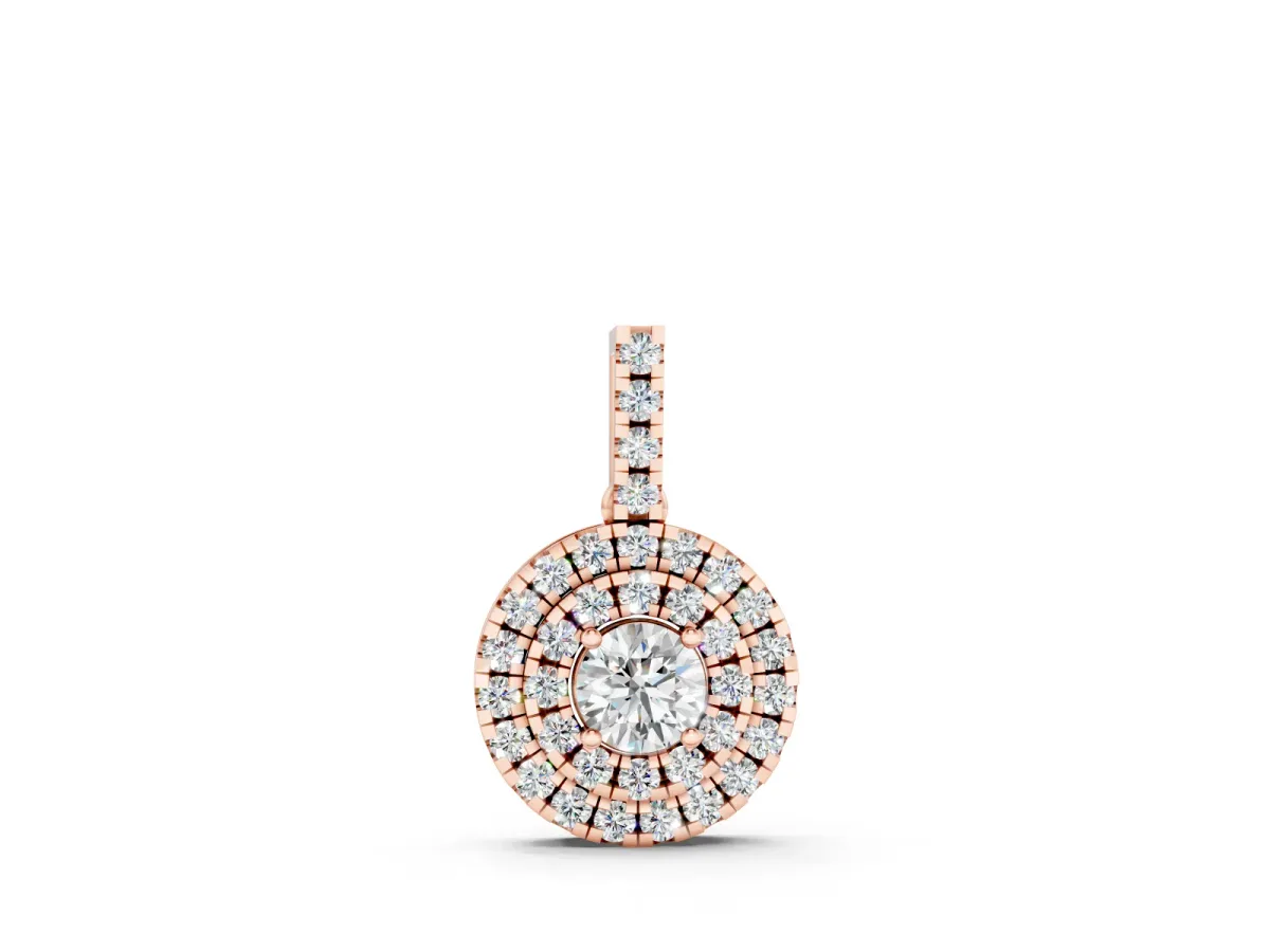 Round Double Halo Diamond Pendant Set in Rose gold with Prong Setting