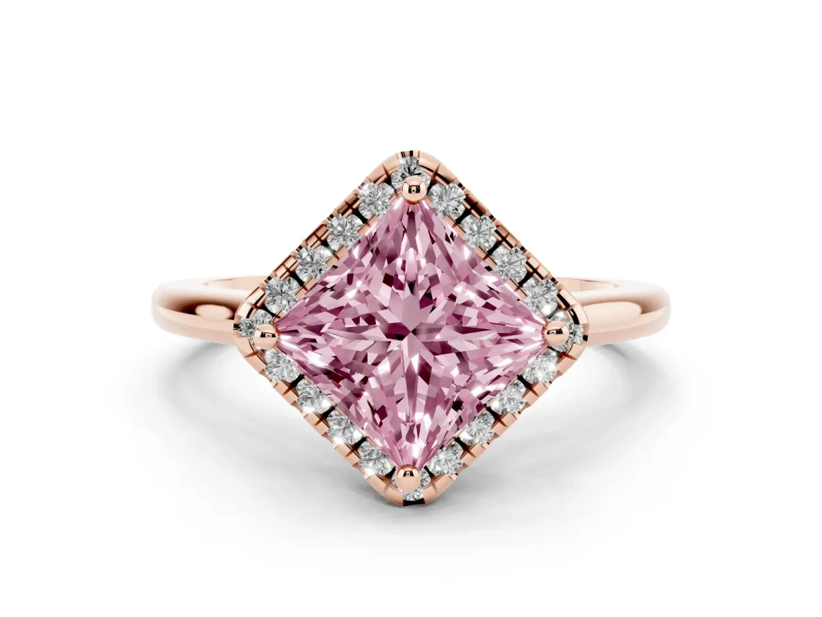 Fancy Pink Princess Cut Diamond Halo Engagement Ring Set in Rose gold with Pavé Band and Rising Shoulders