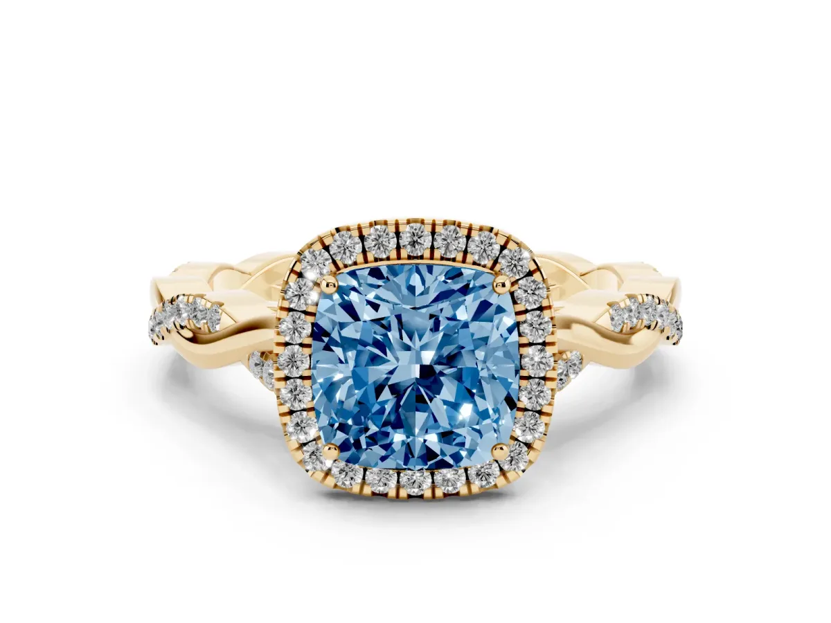 Fancy Blue Cushion Cut Diamond Halo Twist Band Solitaire Ring Set in Yellow gold with Prong Setting