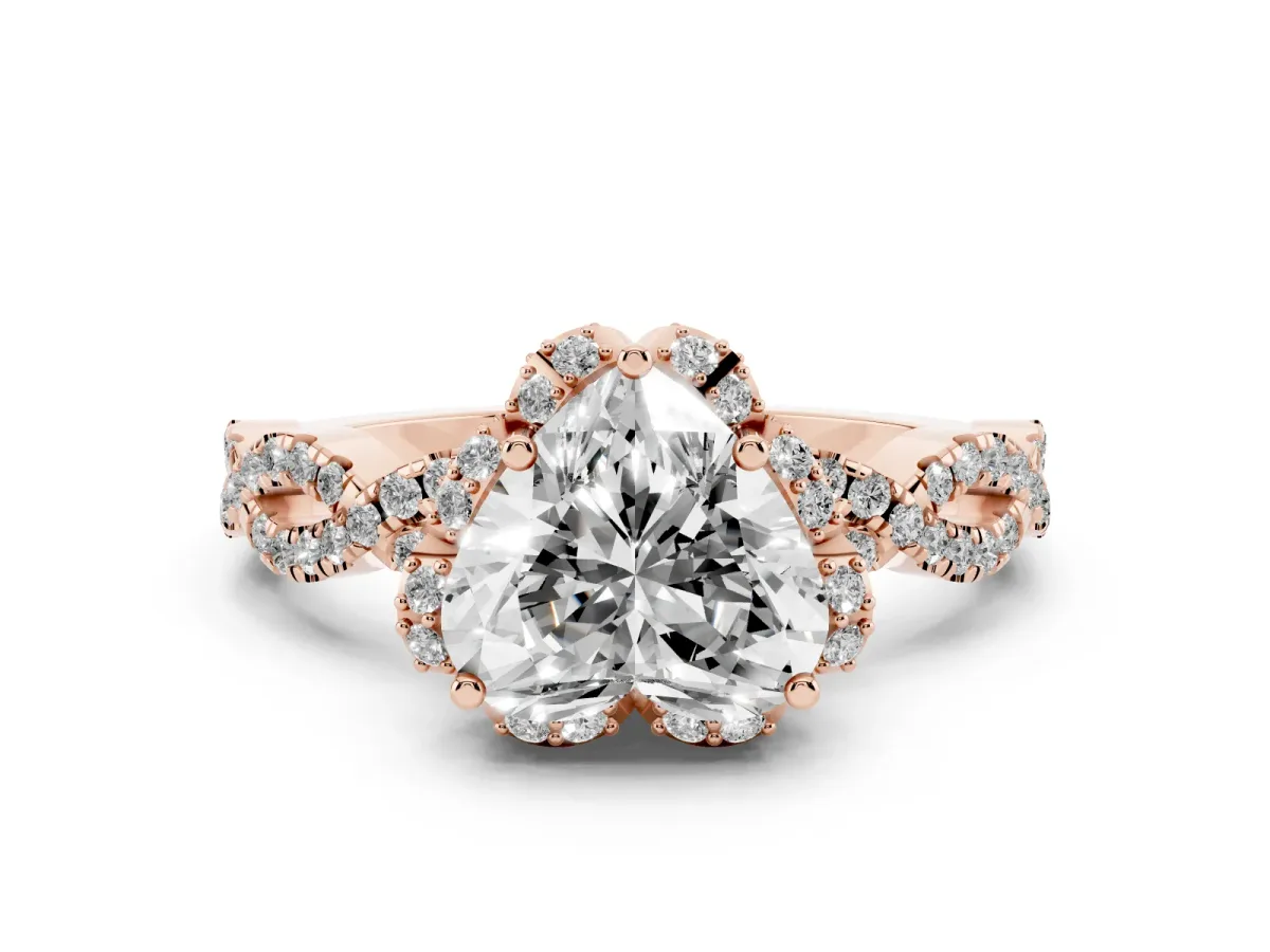 Heart Cut Diamond Halo Twist Band Solitaire Ring Set in Rose gold with Prong-Set Center Stone