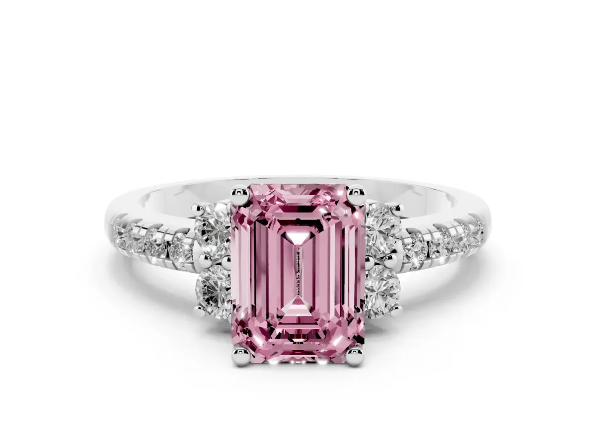 Fancy Pink Emerald Cut Diamond Three-Stone Pavé Ring Set in Silver with Prong Setting