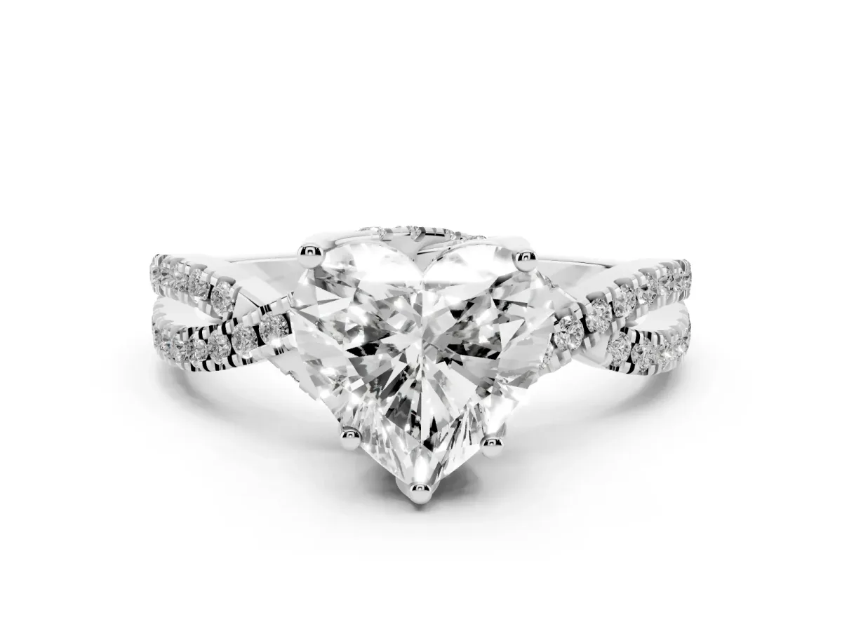 Heart Cut Diamond Twist Pavé Solitaire Engagement Ring Set in Silver with Prong Setting