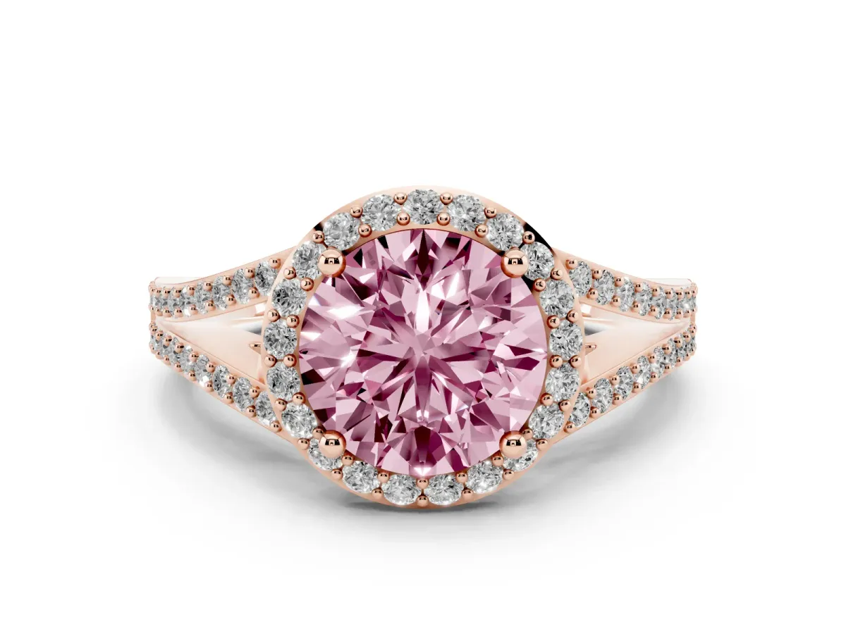 Fancy Pink Round Cut Diamond Halo Split Shank Ring Set in Rose gold with Accent Stones and Prong Setting