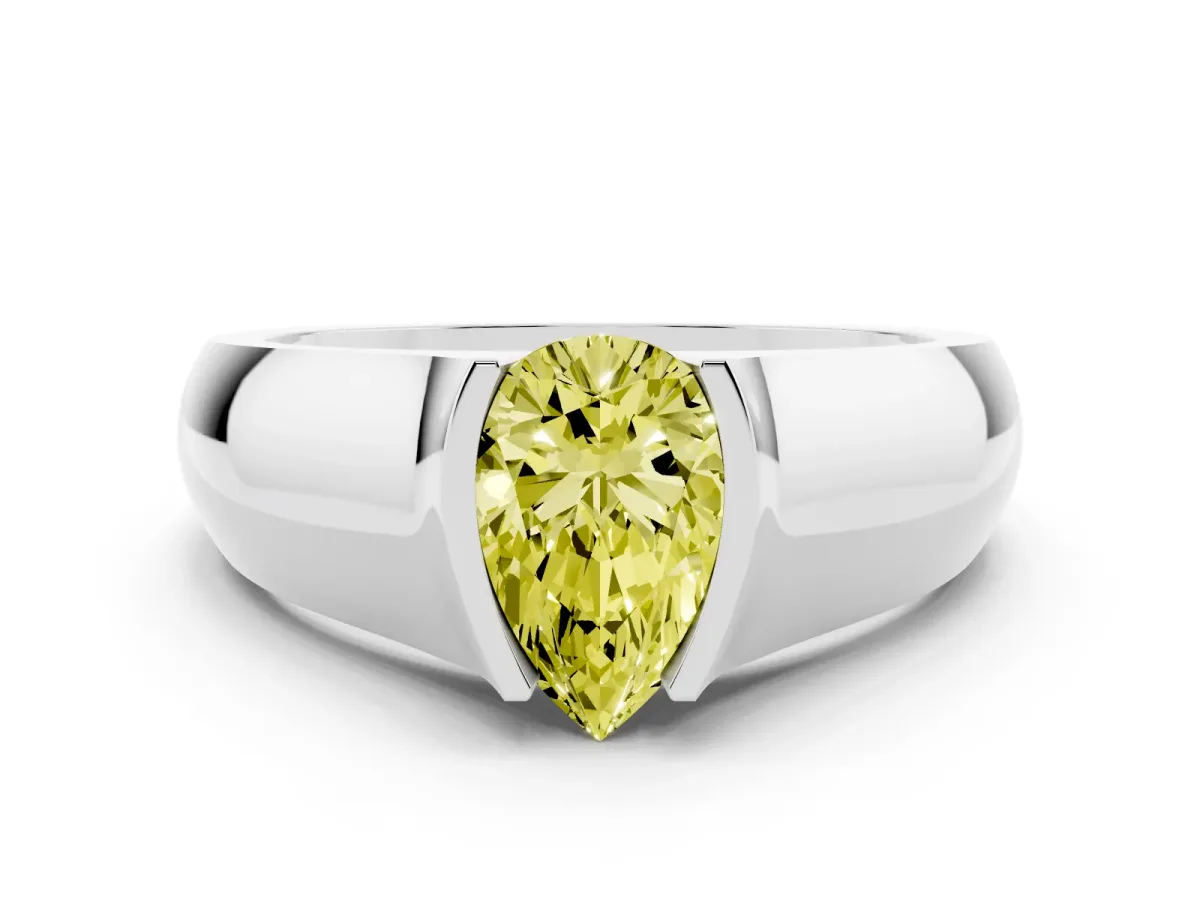 Fancy Yellow Pear Cut Diamond Bezel Solitaire Ring Set in White gold with Wide Band