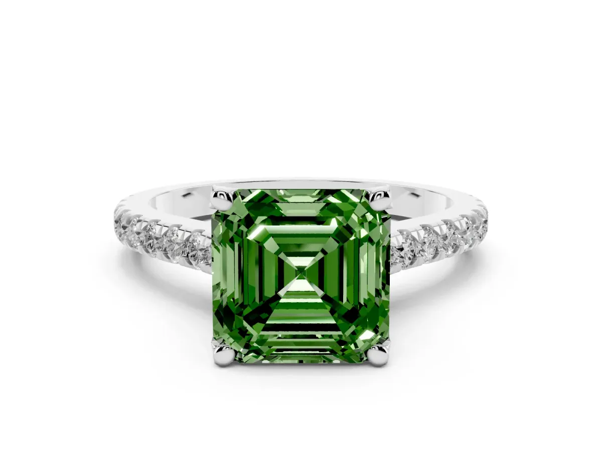 Fancy Green Asscher Cut Diamond Solitaire Ring Set in White gold with Brilliant Pavé Band and Prong Setting
