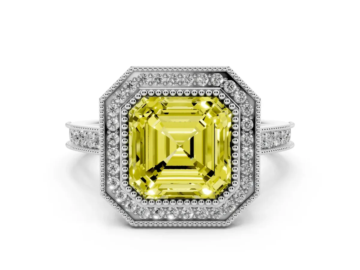 Fancy Yellow Asscher Cut Diamond Halo Milgrain Pavé Band Ring Set in Platinum with Prong Setting