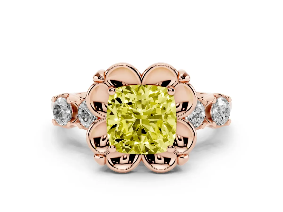 Fancy Yellow Cushion Cut Diamond Floral Halo Ring Set in Rose gold with Shared Prong Band