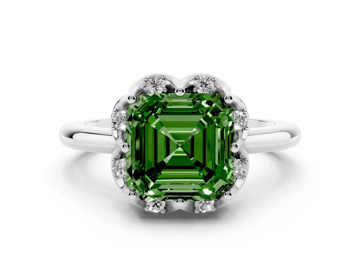 Fancy Green Asscher Cut Diamond Round Cluster Halo Ring Set in White gold with Solitaire Band and Prong Setting