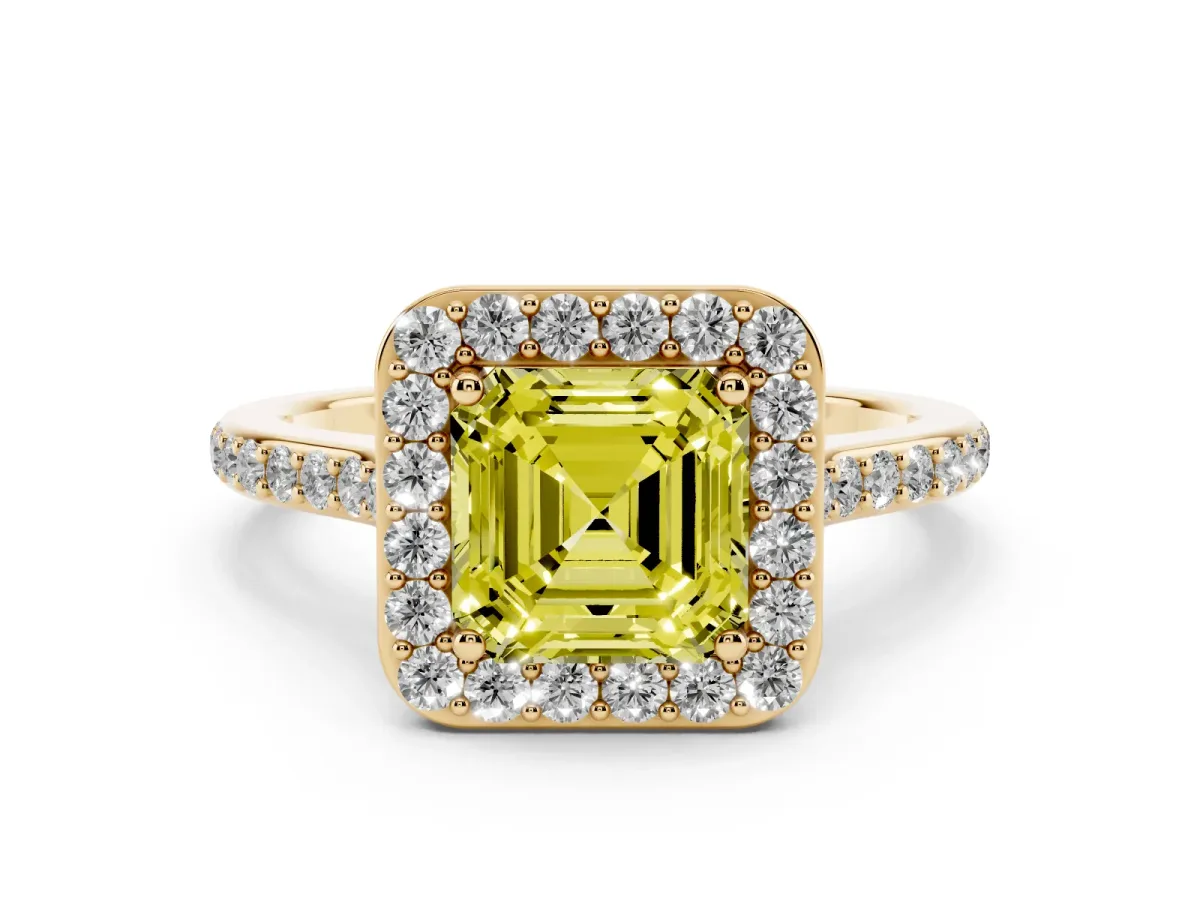 Fancy Yellow Asscher Cut Diamond Halo Engagement Ring Set in Yellow gold with Round Pavé Shoulders and Heart Gallery