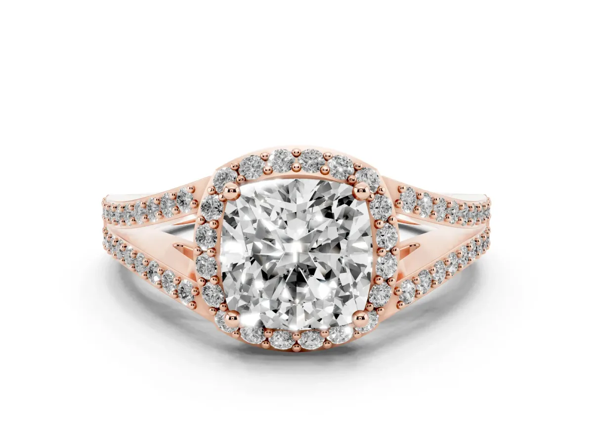 Cushion Cut Diamond Halo Split Shank Pavé Ring Set in Rose gold with Prong Setting