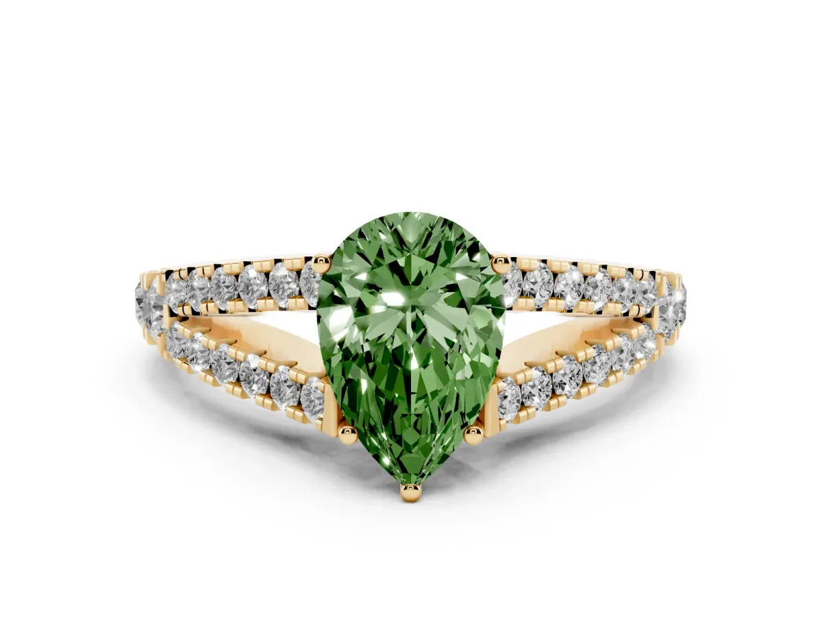 Fancy Green Pear Cut Diamond Split Shank Pavé Engagement Ring Set in Yellow gold with Prong-Held Center Stone