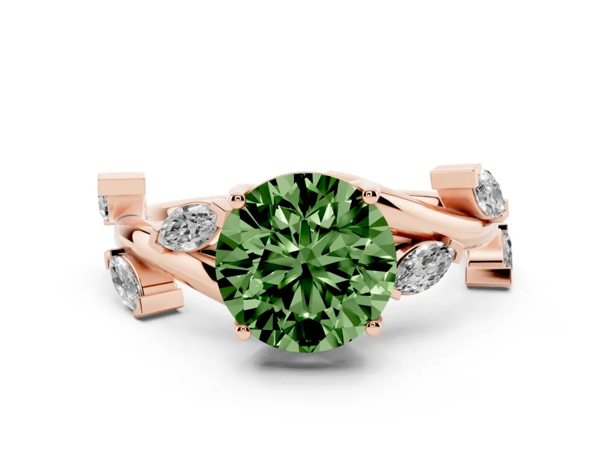 Fancy Green Round Cut Diamond Solitaire Ring Set in Rose gold with Twisted Marquise Accent Band