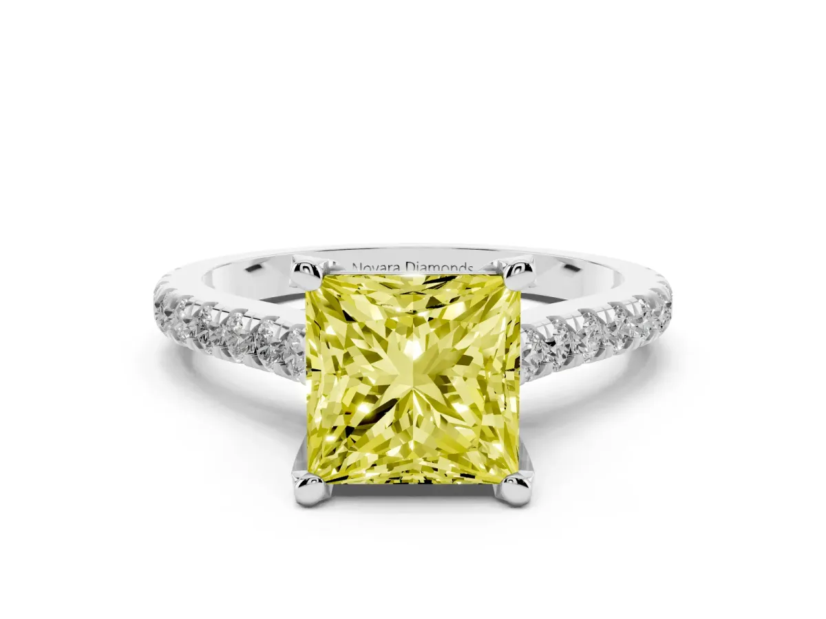 Fancy Yellow Princess Cut Diamond Solitaire Ring Set in Silver with Brilliant Pavé Band and Prong Setting