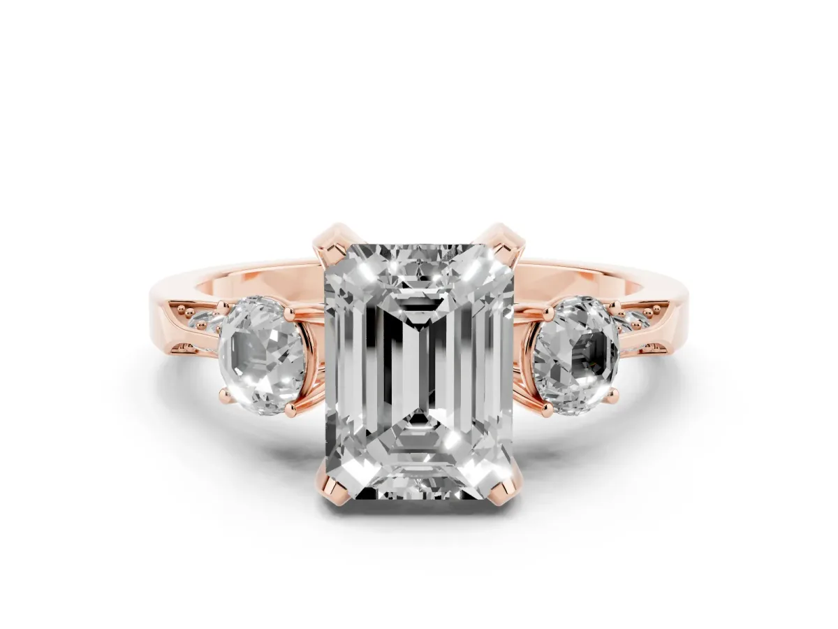 Fancy Black Emerald Cut Diamond Three-Stone Ring Set in Rose gold with Pavé Band and Smaller Side Stones