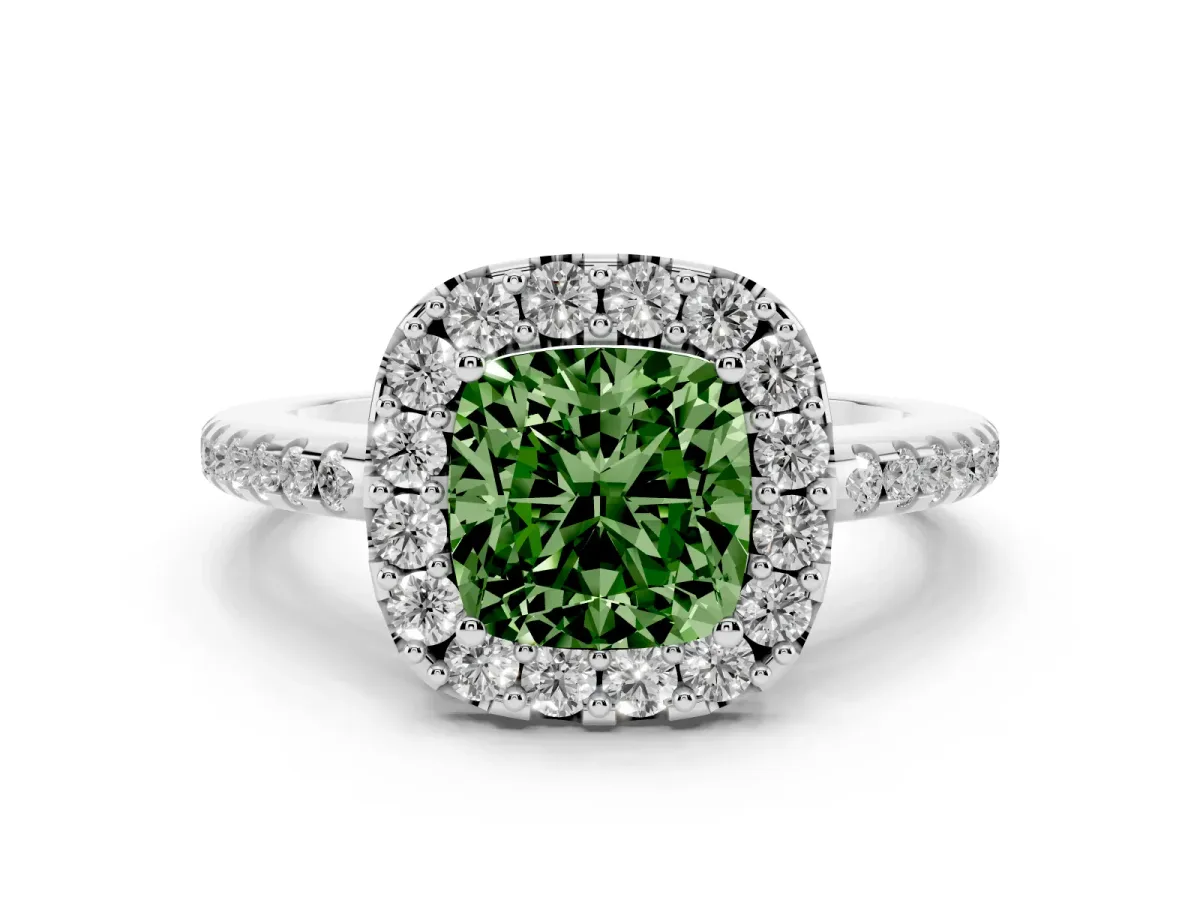 Fancy Green Cushion Cut Diamond Pavé Halo Ring Set in Silver with Prong Setting