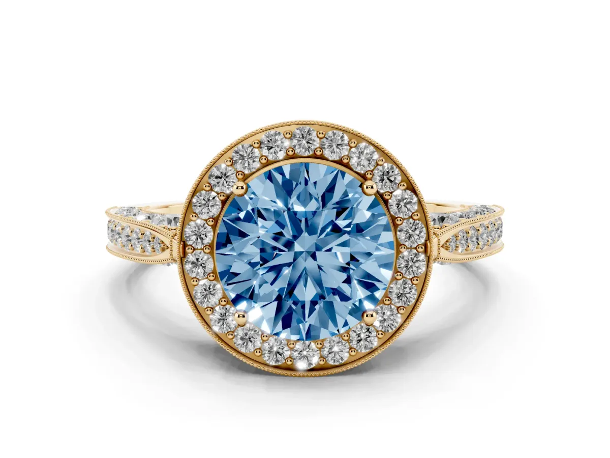 Fancy Blue Round Cut Diamond Halo Engagement Ring Set in Yellow gold with Accent Split Shank Band