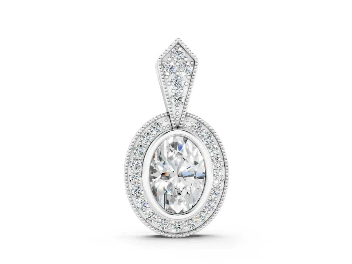 Oval Diamond Halo Pendant Set in White gold with Pavé-Set Frame