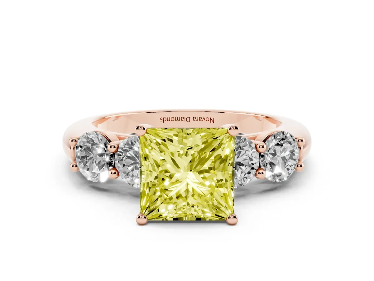 Fancy Yellow Princess Cut Diamond Five-Stone Prong Set Ring Set in Rose gold with Classic Band