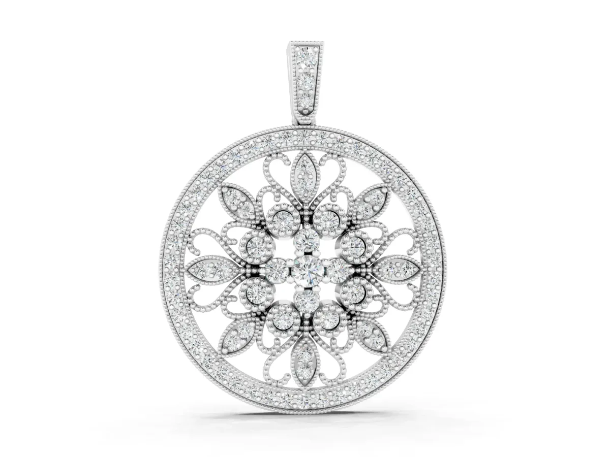 Round Pavé Diamond Filigree Pendant Set in White gold with Floral Marquise Motif