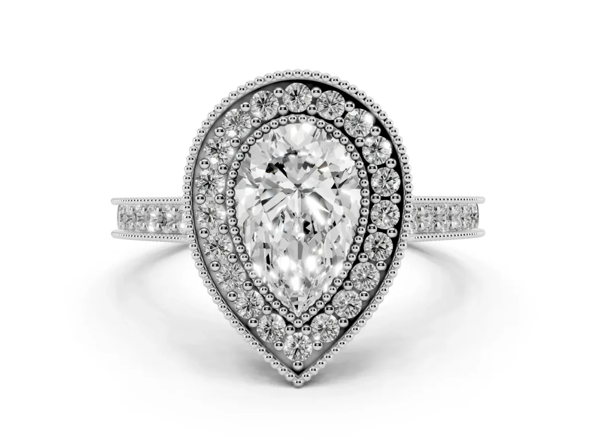 Pear Cut Diamond Halo Milgrain Pavé Band Ring Set in Platinum with Prong Setting
