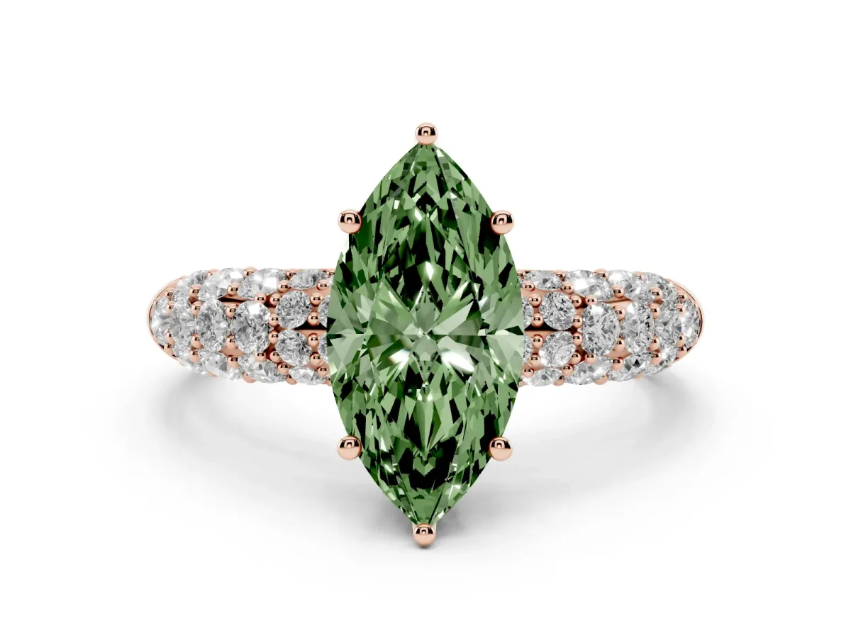 Fancy Green Marquise Cut Diamond Pavé Band Solitaire Ring Set in Rose gold with Close-Set Accent Stones and Prong Setting