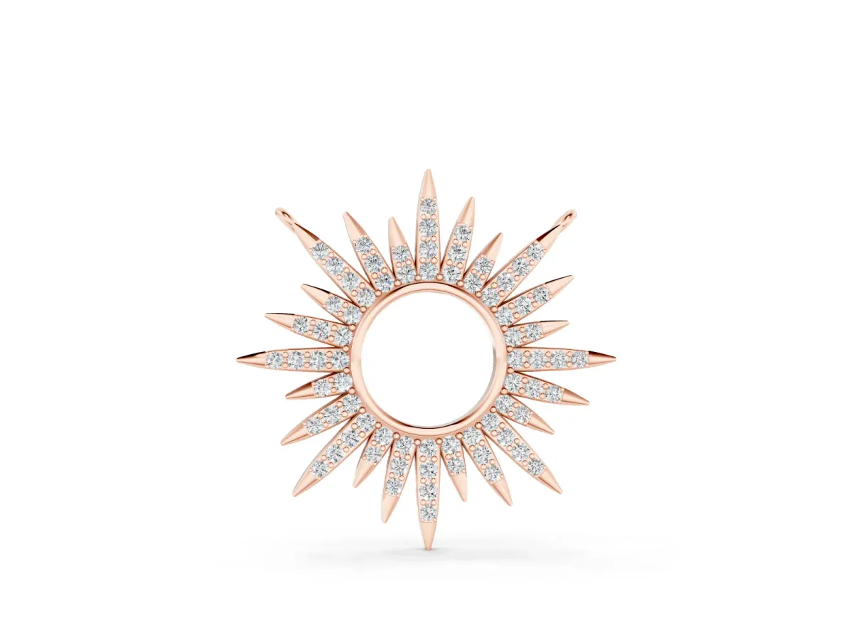 Round Cut Diamond Sunburst Pendant Set in Rose gold with Pavé Setting