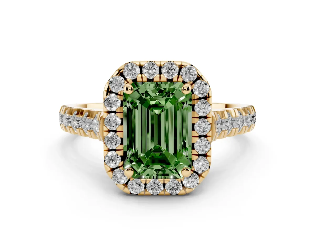 Fancy Green Emerald Cut Diamond Halo Engagement Ring Set in Yellow gold with Pavé Band and Prong-Set Center