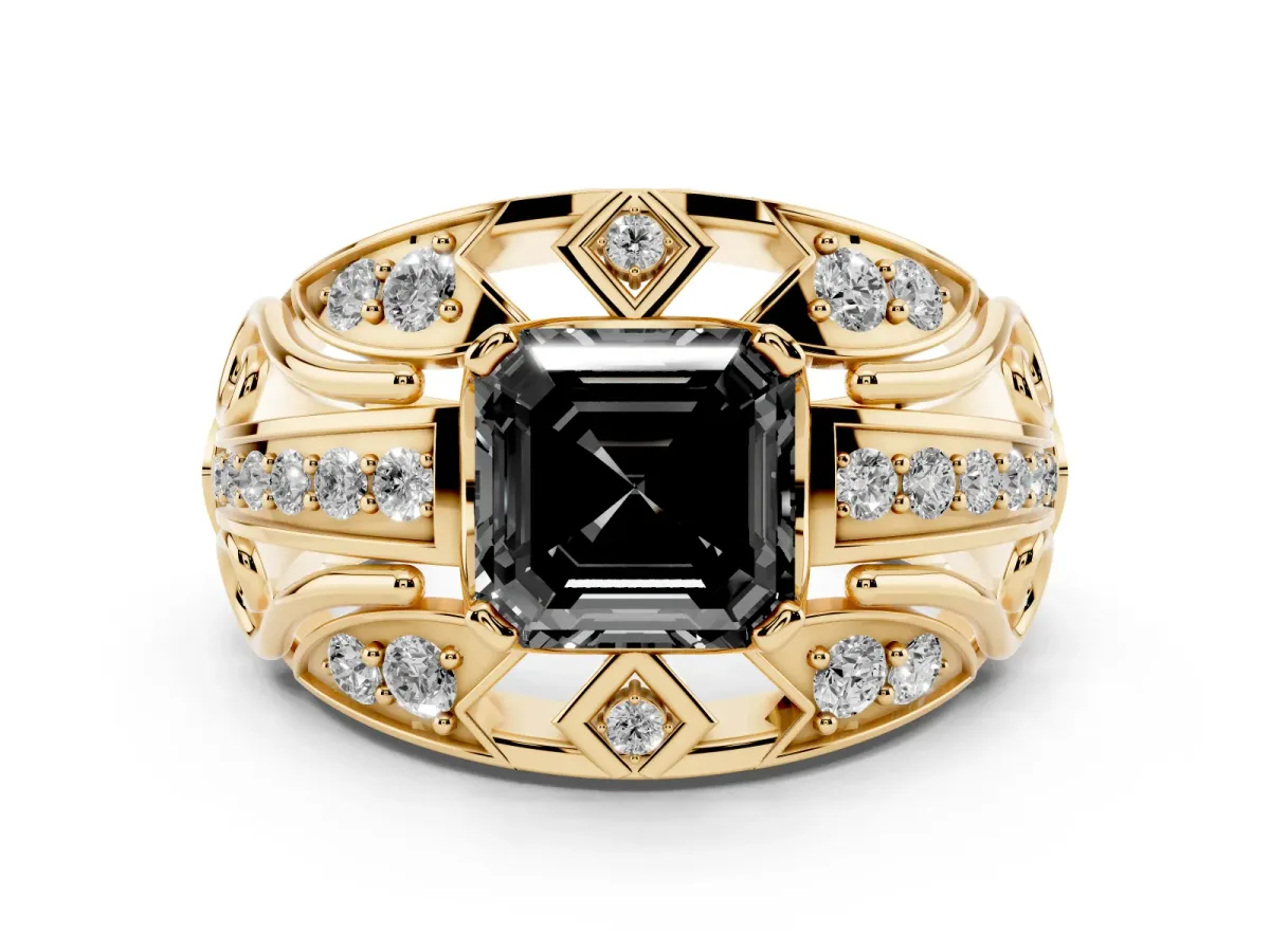 Fancy Black Asscher Cut Diamond Art Deco Ring Set in Yellow gold with Pavé Split Shank