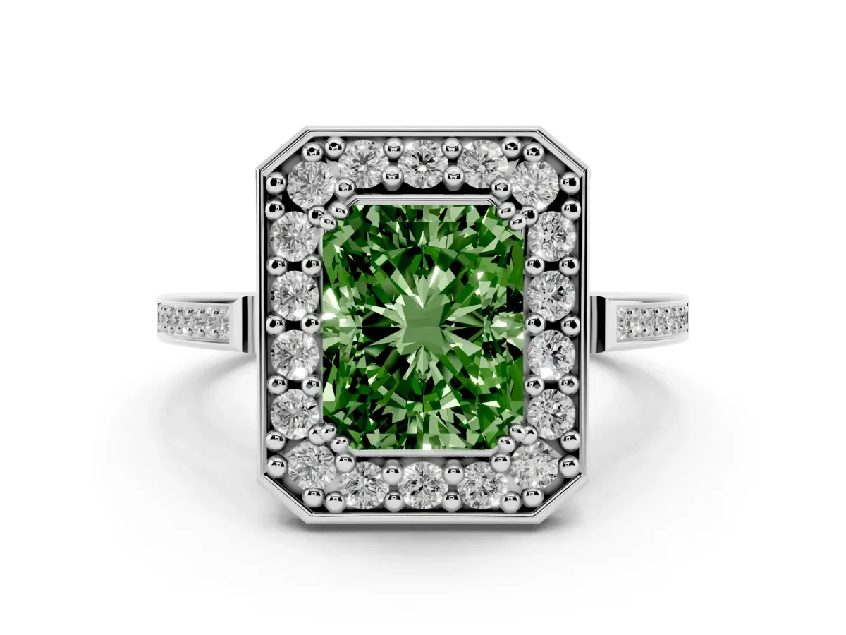 Fancy Green Radiant Cut Diamond Halo Ring Set in White gold with Accent-Lined Split Shank and Prong Setting