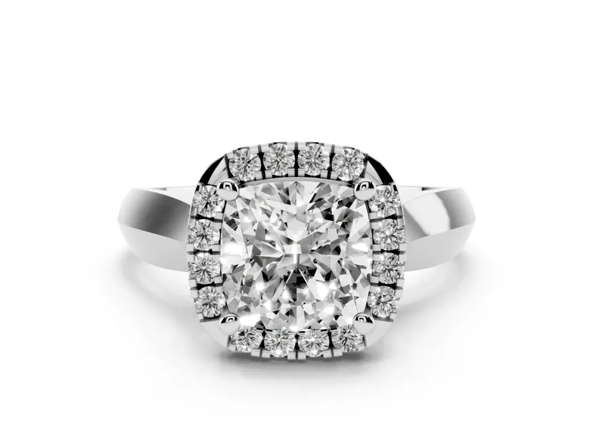 Cushion Cut Diamond Halo Solitaire Engagement Ring Set in White gold with Square Band and Prong Setting