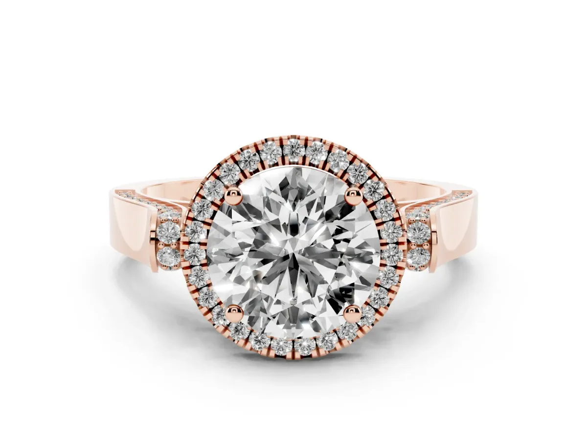 Round Cut Diamond Halo Ring Set in Rose gold with Pavé-Lined Split Shank Band