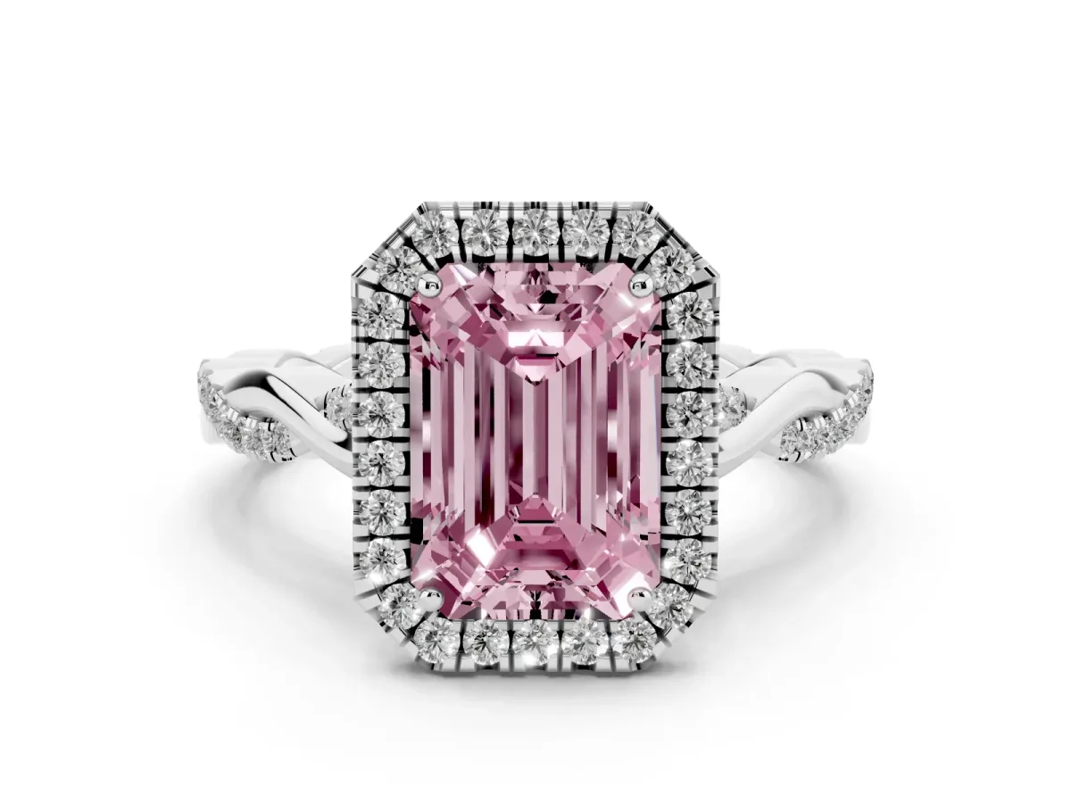 Fancy Pink Emerald Cut Diamond Halo Twist Band Solitaire Ring Set in White gold with Prong Setting