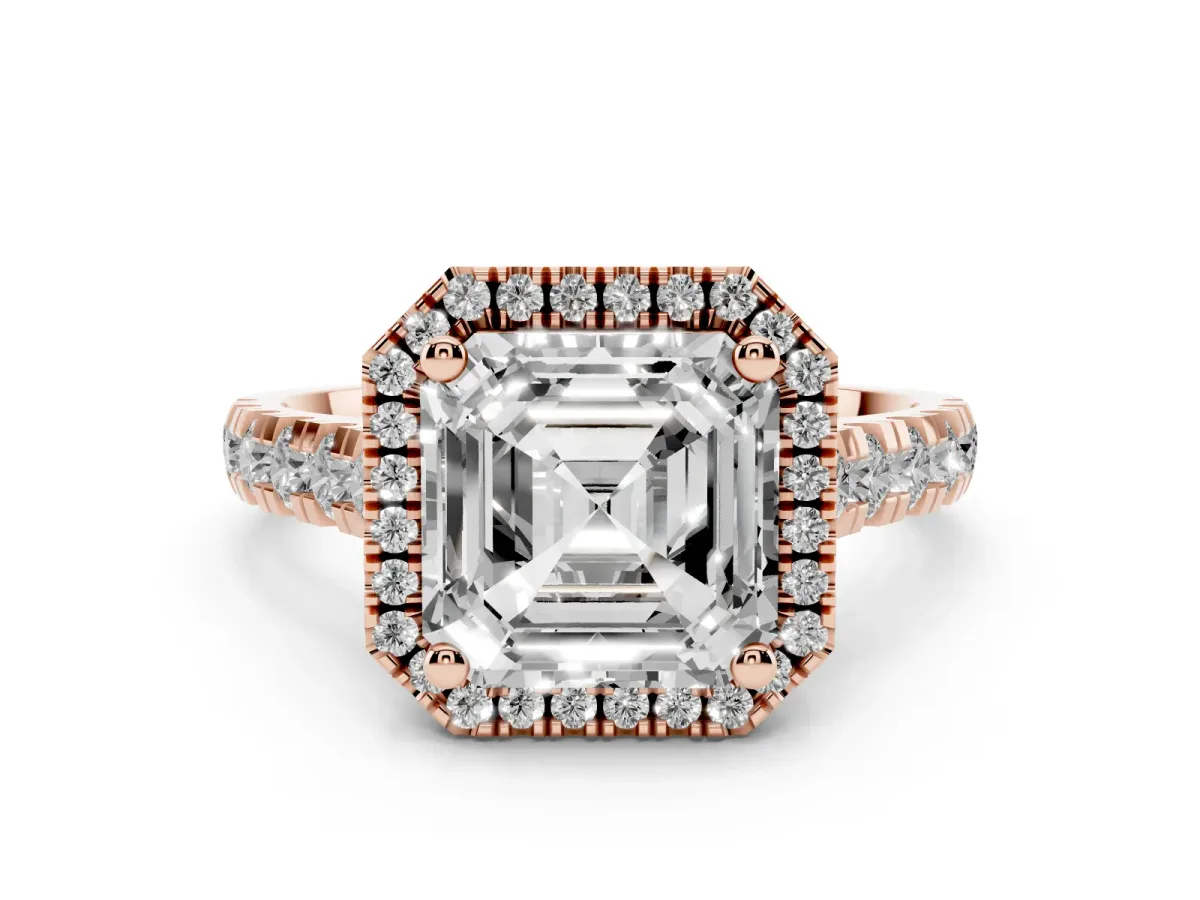 Asscher Cut Diamond Halo Engagement Ring Set in Rose gold with Pavé Band and Prong-Set Center