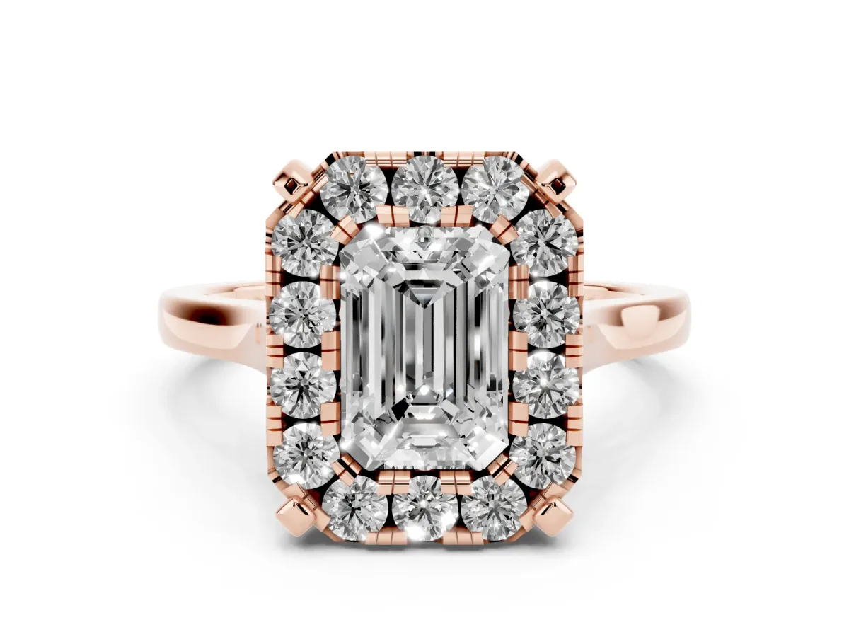 Emerald Cut Diamond Cluster Halo Solitaire Ring Set in Rose gold with Prong Setting