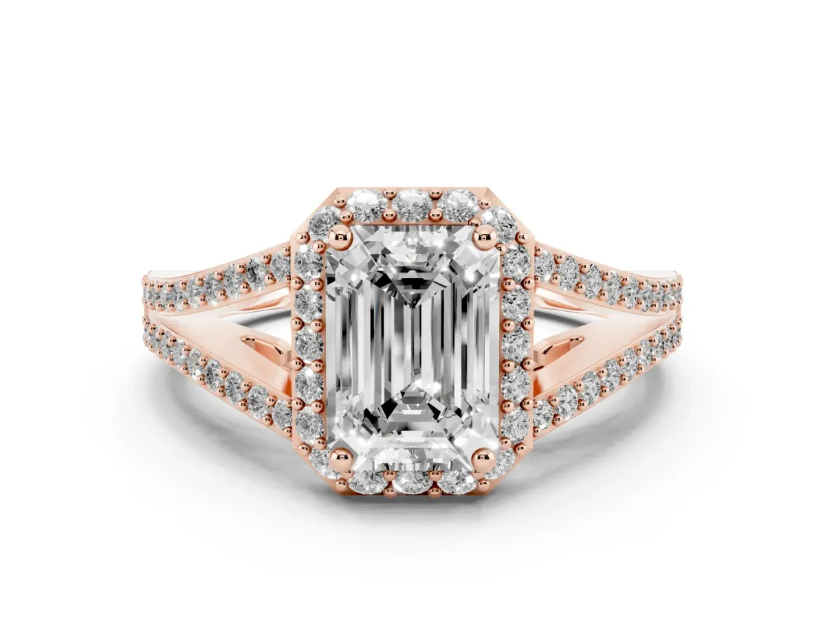 Emerald Cut Diamond Halo Split Shank Pavé Ring Set in Rose gold with Prong Setting