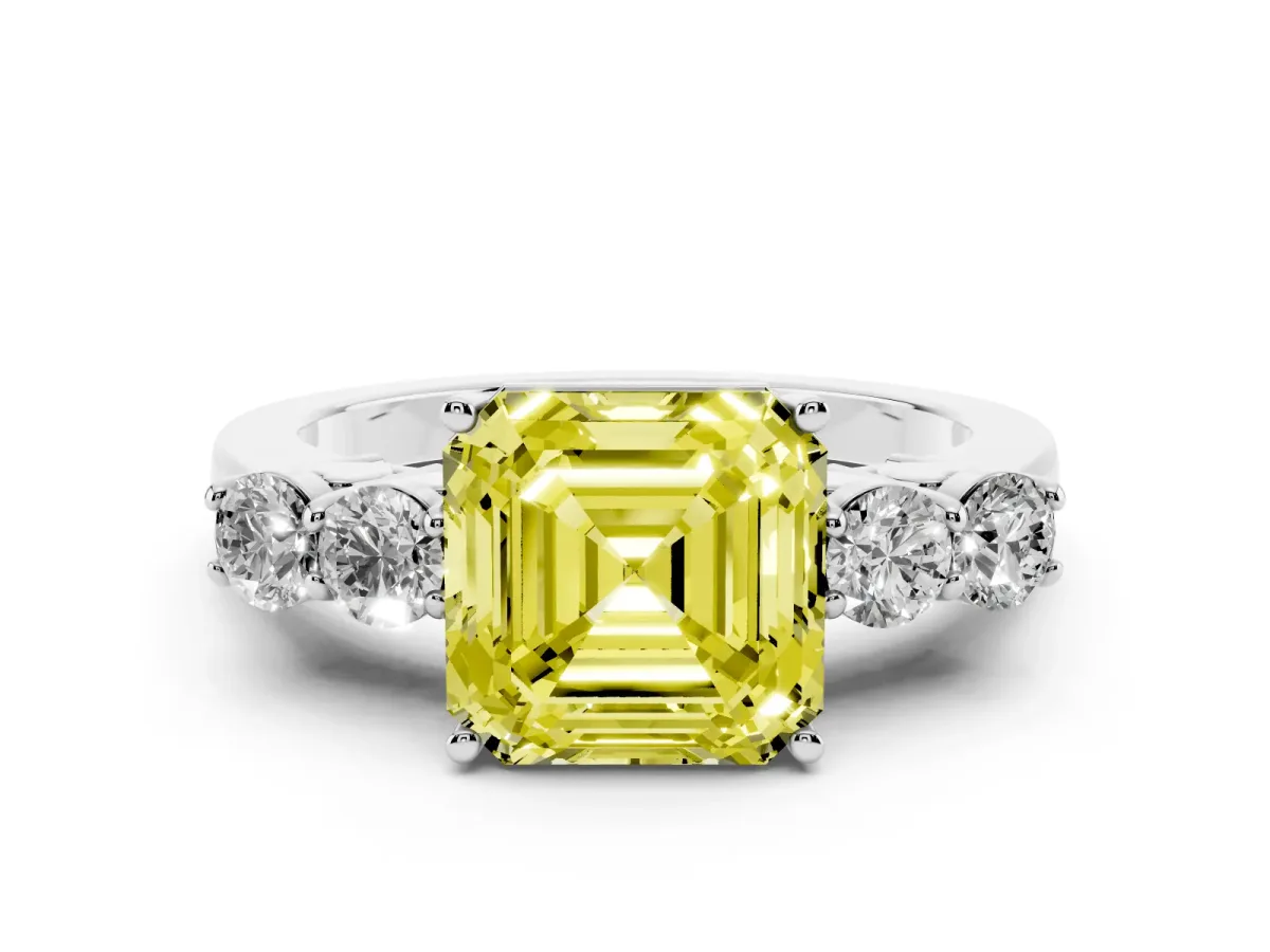 Fancy Yellow Asscher Cut Diamond Five-Stone Prong Set Band Ring Set in Platinum with Polished Band