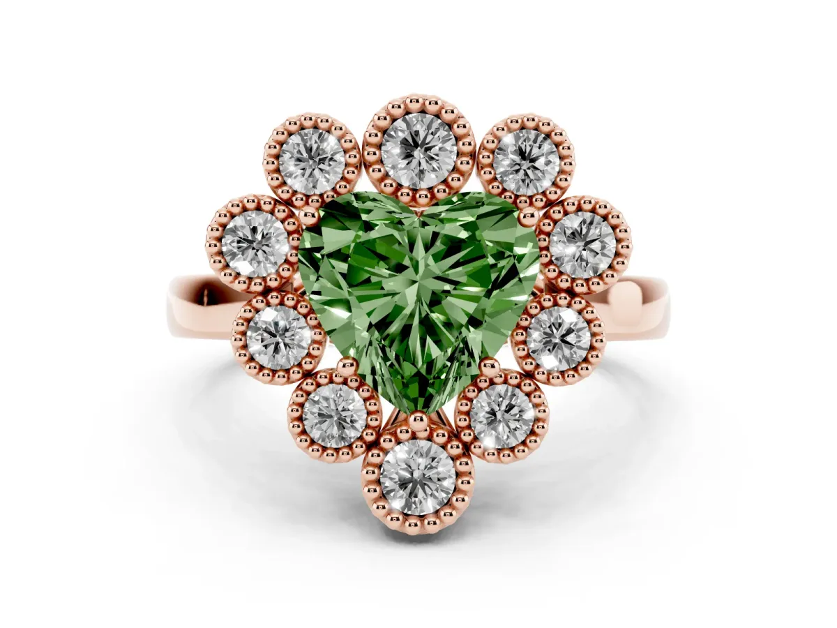 Fancy Green Heart Cut Diamond Cluster Halo Ring Set in Rose gold with Milgrain Bezel Accents and Plain Band