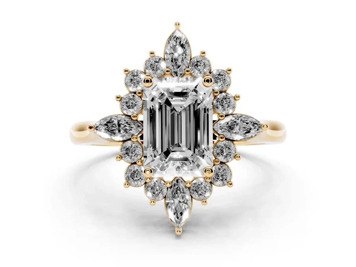 Emerald Cut Diamond Cluster Halo Ring Set in Yellow gold with Marquise and Round Accents