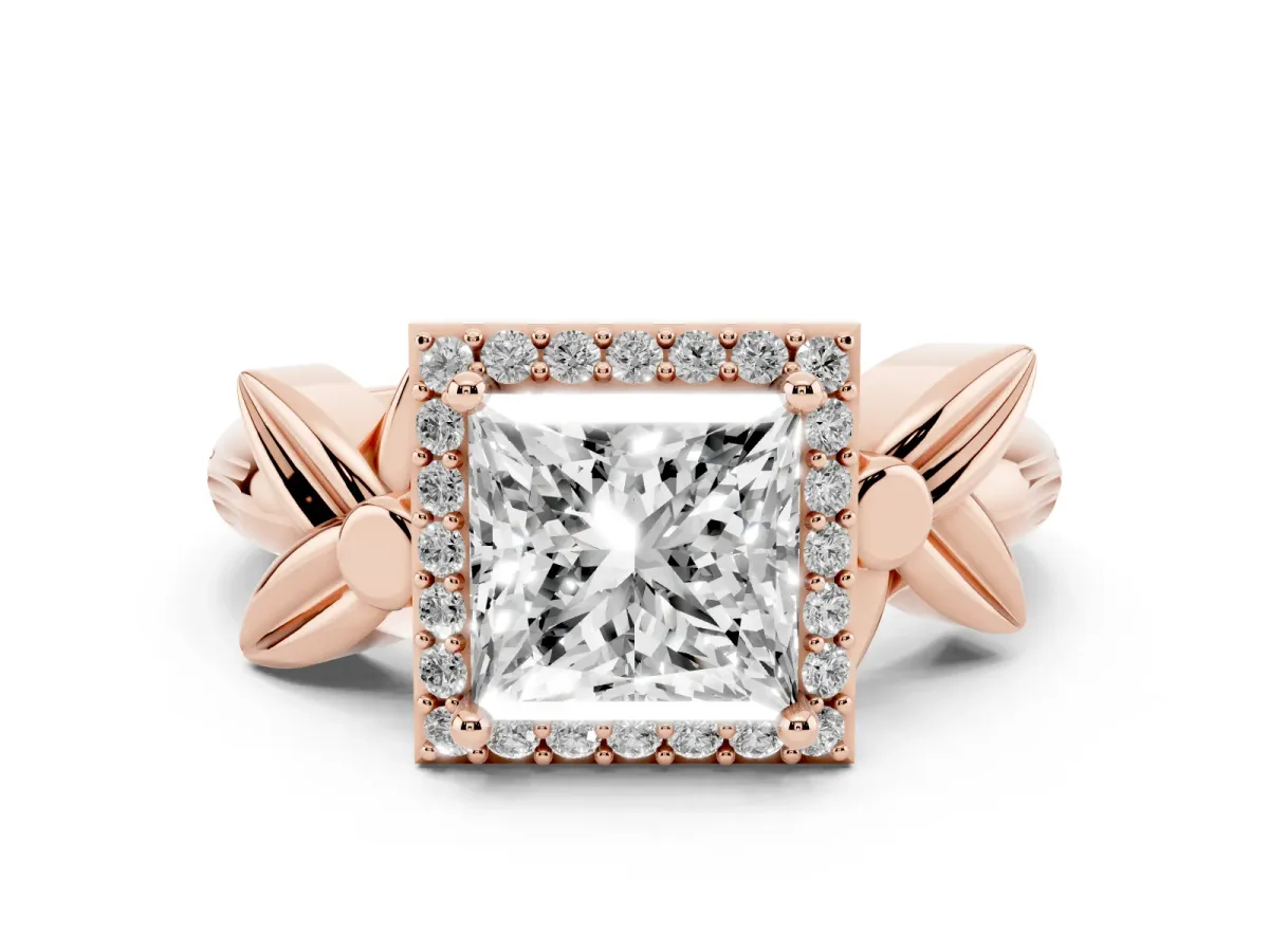 Princess Cut Diamond Halo Floral Band Ring Set in Rose gold with Prong Setting